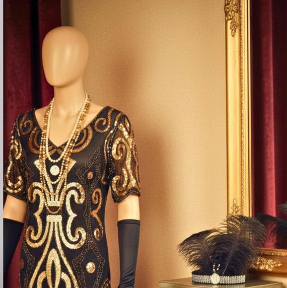 1920s Flapper Dress Black & Gold Sequins Gatsby Party Theme (UK Size 12/14)