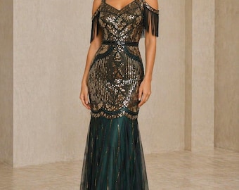 Art Deco Emerald Sequin Gown, Gatsby Inspired Evening Dress UK 12/14
