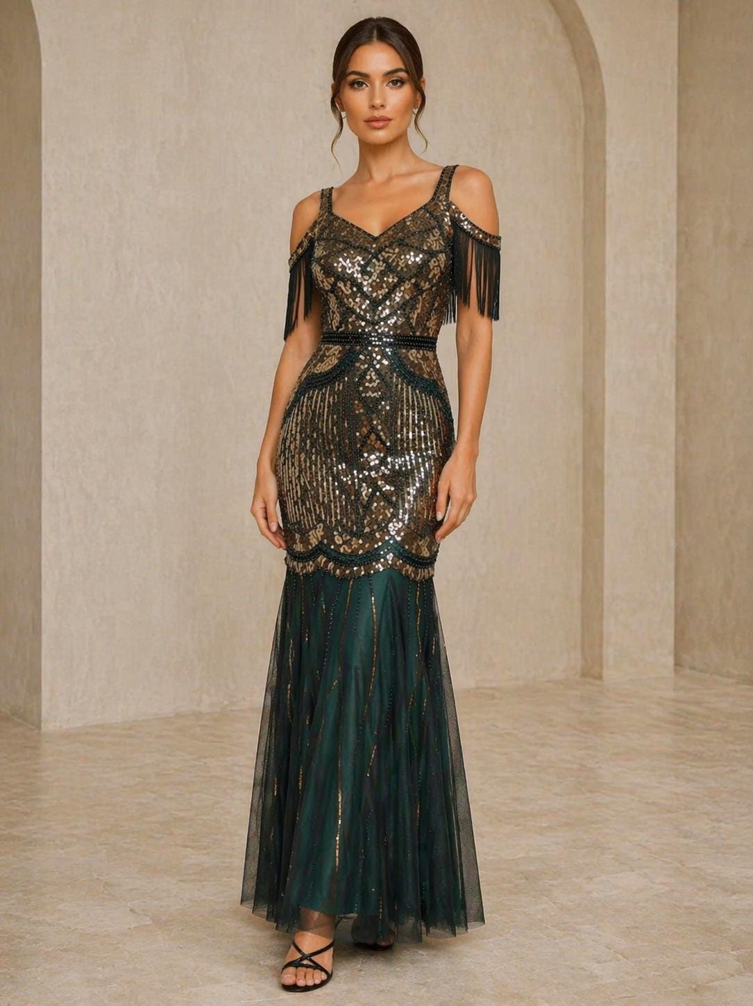 green emerald velvet dress Elegant Velvet Sequin Long Prom Dress