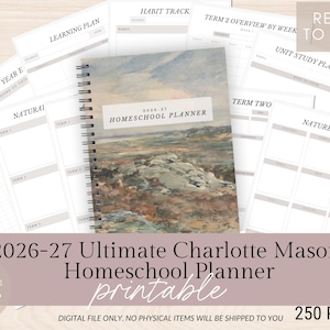 May include: A homeschool planner with a spiral binding and a landscape painting on the cover. Various planning pages surround the planner. The cover reads "2026-27 Homeschool Planner." Additional text includes "Ready to Print!" and "250 Pages."