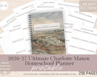 May include: A spiral-bound 2026-27 homeschool planner with a watercolor landscape cover featuring hills and a sky. The planner is surrounded by various printable pages including a habit tracker, learning plan, unit study planner, and nature study.