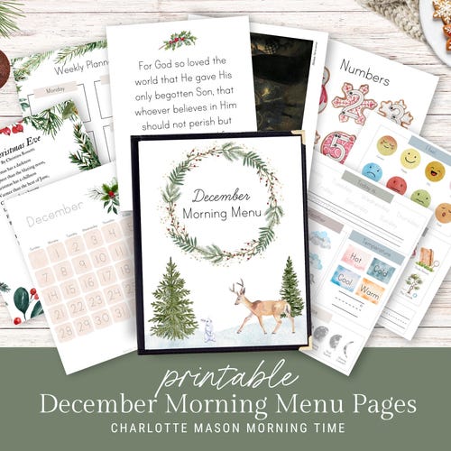 Pages du menu de décembre matin | Menu du matin de Noël | Heure du matin d'hiver | Charlotte Mason, l'heure du matin, école à la maison