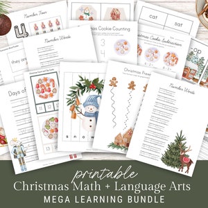 Könnte beinhalten: Eine Sammlung von druckbaren Arbeitsblättern zum Thema Weihnachten für Mathematik und Sprachkunst. Die Seiten zeigen Illustrationen von Schneemännern, Lebkuchenhäusern und Weihnachtsplätzchen. Der Text enthält "Number Words" und "Christmas Cookie Counting".