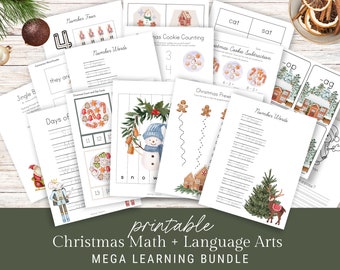 May include: A collection of printable Christmas-themed educational worksheets for math and language arts. The pages feature illustrations of snowmen, gingerbread houses, and Christmas cookies. The text includes "Number Words" and "Christmas Cookie Counting".