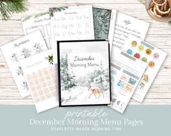 May include: A collection of printable December Morning Menu Pages. The pages include a calendar, alphabet practice, number practice, and a winter scene with a deer. The text "December Morning Menu" is visible on one page.