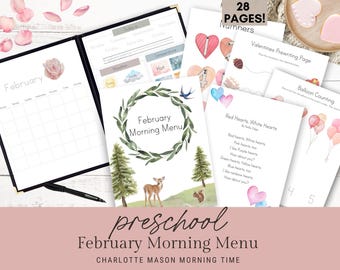 Preschool February Morning Menu | Preschool Morning Menu | February Morning Basket  Charlotte Mason Homeschool | Preschool Morning Time