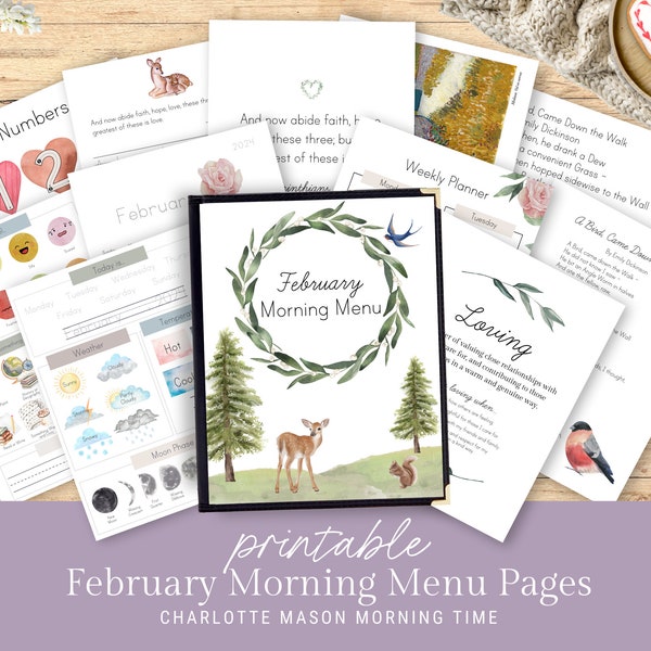 February Morning Menu Pages | February Morning Time | Winter Morning Menu | Charlotte Mason Morning Time Homeschool Valentines Homeschool