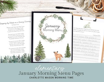 May include: Printable January Morning Menu pages with a watercolor wreath, fox, raccoon, and trees. The text "January Morning Menu" is in a black font. The pages are designed for Charlotte Mason Morning Time.