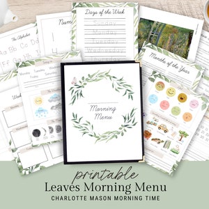 Op de afbeelding: Printbare ochtendmenu met een aquarel bladontwerp. Het menu bevat secties voor het alfabet, getallen, dagen van de week, maanden van het jaar, weer en maanfasen. De tekst "Printbare Leaves Morning Menu" en "Charlotte Mason Morning Time" is inbegrepen.