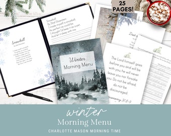 May include: A printable winter-themed Charlotte Mason Morning Time curriculum with 25 pages. The cover features a watercolor illustration of a snowy forest scene. The text on the cover reads "Winter Morning Menu".