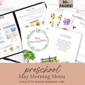 Könnte beinhalten: Ein druckbares Mai-Morgenmenü für Vorschulkinder mit einer Aquarell-Illustration eines Baumes und eines Zauns. Das Menü enthält Aktivitäten wie "Über mich", "Bienen-Addi", "Zahlen" und "Frühjahrliche Vorübungsseite".