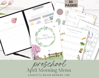 May include: A printable preschool activity pack for April, featuring a calendar, a morning menu, and worksheets for prewriting and counting. The cover features a watercolor illustration of a spring scene with a wreath, a tree, and bunnies.