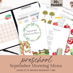 May include: A printable preschool September morning menu with a watercolor illustration of an apple tree and a deer. The menu includes a calendar, weather chart, and activities like color word tracing and numbers.