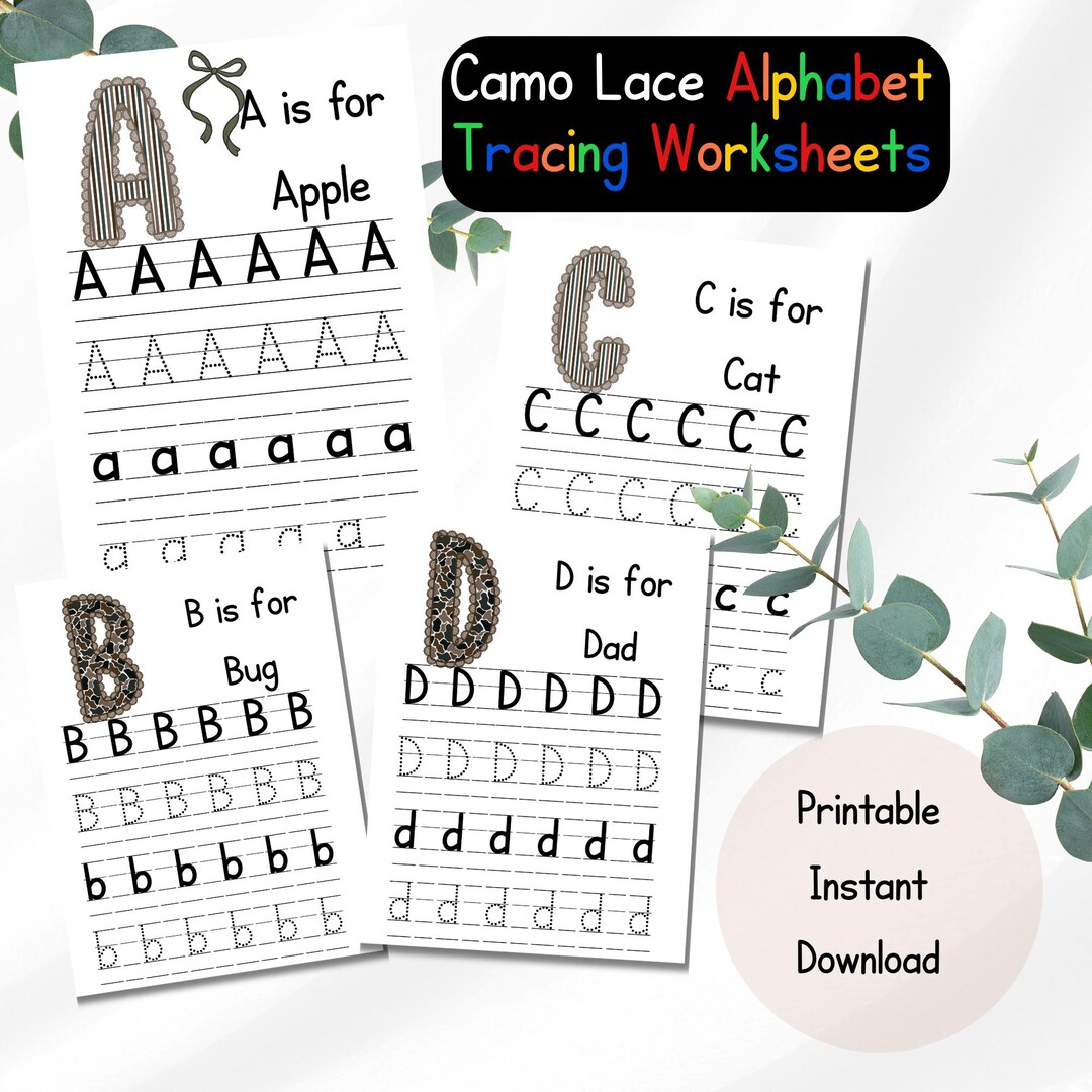 Preppy Camo Lace Alphabet Tracing Worksheets PDF - 26 Printable ...