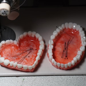 Può includere: Due contenitori a forma di cuore rosa con spilli neri all'interno. I contenitori sono realizzati per assomigliare a un set di denti.