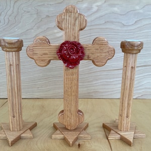 Wooden Rose Cross and Candle holder set.Sanctum Set.