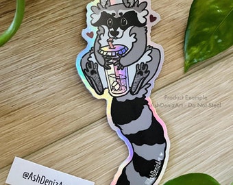 Raccoon Coffee Sticker // Cute Holographic Animal Drink Decal Sticker