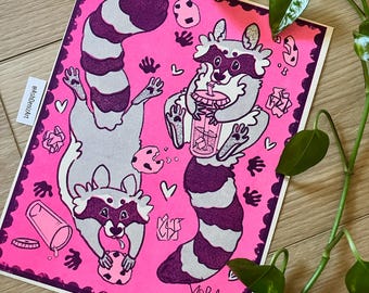 Raccoons & Coffee - Risograph Print! [8.5x11]