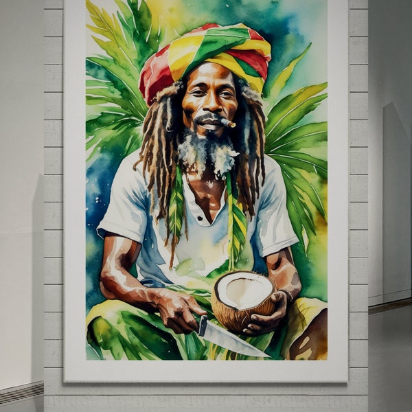 Rasta jamaïcain hacher de la noix de coco tout en brûlant de la ganja, Jah Rastafari, homme rasta live art mural numérique imprimable en téléchargement IA