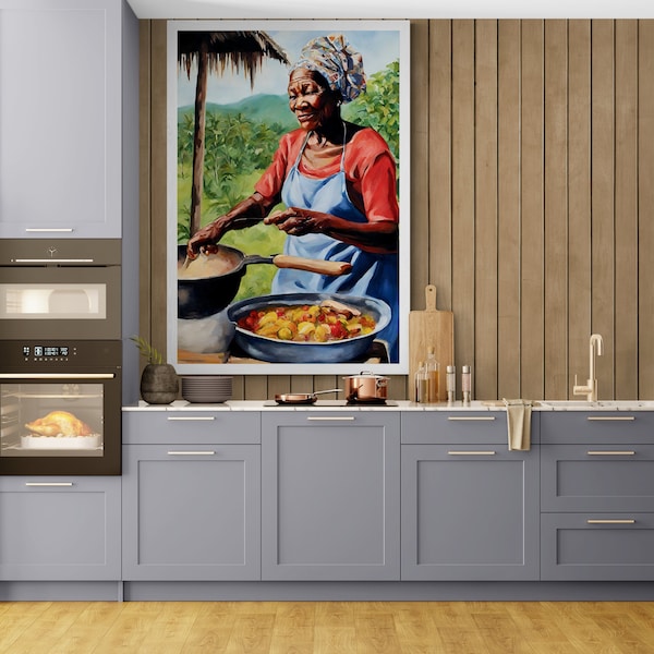 Jamaikanische Lebensmittel-Bilder Jamaikas Black Queen Oma Kochen Back Auf Dutchie Kohle Topf Digitale Kunst, Digital, Schwarze Frau Kochen Kunstwerk