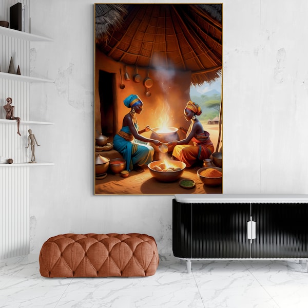 African Ghanaian Tribal Wives Cooking Under Hut House, African Wall Art Printable, African Tribal Women, African Village House, African Food