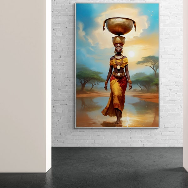 La reine de Nubie nigériane portant une cruche d'eau sur la tête à travers un village africain à la maison Art mural numérique imprimable