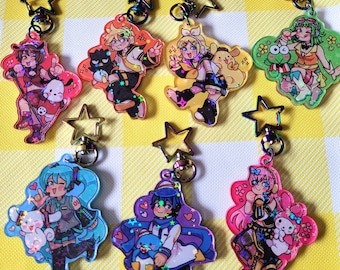Vocaloid keychains, 2 inch acrylic charms with star clasp and holographic stars