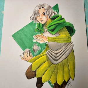 May include: A hand-drawn illustration of a character with white hair, wearing a green hooded cloak and a yellow skirt. The character is holding a small rock in their hand and appears to be using magic.