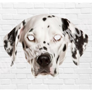 May include: A black and white Dalmatian dog mask. The mask has a white background with black spots. The eyes are cut out and the nose is visible.