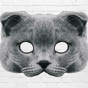 Pode incluir: Uma máscara de gato cinza com furos para os olhos. A máscara é feita de papel ou cartão e é projetada para ser usada no rosto.