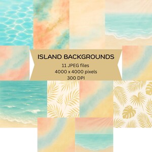 Sfondi digitali Island Luxe, texture tropicali ad acquerello, tramonto sulla spiaggia, foglie dorate e sabbia pastello, set JPG