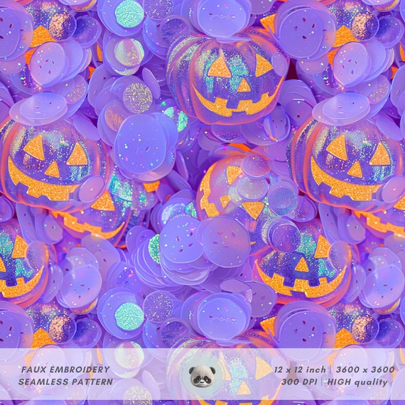 3d Jack o Lantern Confetti, Iridescent Pumpkin Seamless Pattern, Halloween Prints, Opalescent Purple Faux Sequins, Glow Effect, Spooky File