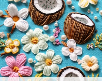 3d Coconut and Pearls Seamless Pattern, Faux Embroidery Hawaiian Fabric Design, Exotic Fruit, Hawaii Vibes Art, Tropical Flower, Fake Pearls