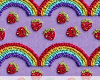 3d Rainbow and Glitter Strawberry Print, Cute Seamless Pattern, Girly Purple Fabric Sublimation Design, Summer Red Fruits Digital Paper