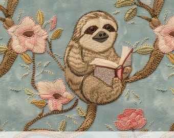 3d Book Reading Sloth Seamless Pattern, Pink Floral Bookish Print, Fabric Sublimation Design, Cute Animals Digital Paper, Book Lover Gift