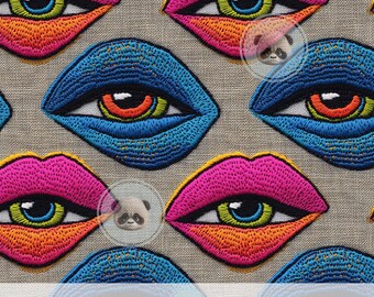 3d Modern Pop Art Eyes and Lips Seamless Pattern, Faux Embroidery Funky Wallpaper Sublimation Design, Abstract Art Deco Digital Paper Print
