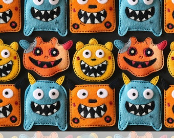 3d Funny Monsters, Faux Felt Embroidery Seamless Pattern, Colorful Monster Cartoon Style, Boy Mama Crafts, Sublimation Gifts, Gender Neutral