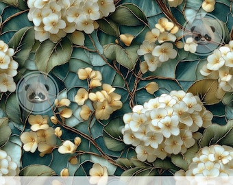 Patrón sin costuras de flores de hortensia color crema en 3D, papel digital floral vintage con bordado falso, impresión botánica Cottagecore para sublimación de tela