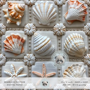 3d Sea Shells and Starfish, Faux Embroidery Seamless File for Fabric Sublimation, Summer Pattern, Printable Digital Paper, Beach Lover Gifts