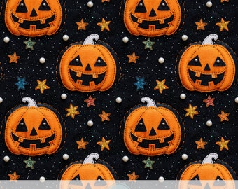 3d Spooky Pumpkin Seamless Pattern, Felt Fabric Design, Sublimation Print, Faux Embroidery Halloween, Fall Crafts, Kids Decor, Glitter Stars