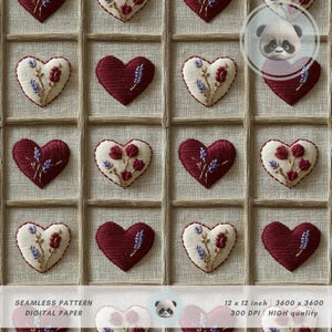 May include: Seamless digital paper featuring a repeating pattern of embroidered hearts. The hearts are in shades of burgundy and cream, with floral embroidery in purple and red. The pattern is set against a neutral background. The text reads "SEAMLESS PATTERN DIGITAL PAPER".