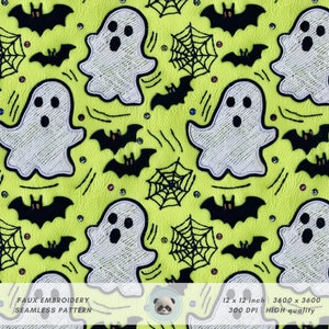 May include: A seamless pattern featuring white ghosts, black bats, and black spiderwebs on a bright green background. The design is perfect for Halloween crafts and projects.