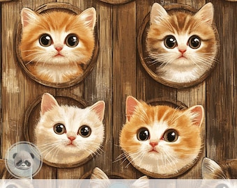 Cute Cat Wood Wall Seamless Pattern Digital Paper, Cozy Rustic Kitten Faces Background For Kids Crafts, Scrapbook, Journal, Decor