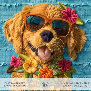 Op de afbeelding: Een faux borduurontwerp van een golden retriever met een zonnebril en een bloemenkrans. Het ontwerp is op een blauwe achtergrond en is 14 inch bij 14 inch.