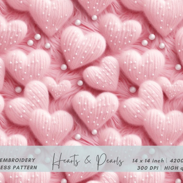 3d Fuzzy Wool Pink Heart Seamless Pattern, Valentine's Gift, Faux Embroidery Knit Fabric Design, Printable Digital Paper, Instant Download