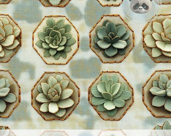 3d Succulent Digital Paper Seamless Faux Embroidered Plant Pattern for Scrapbooking, Journals, Boho Crafts, Eco Decor & Printable Projects