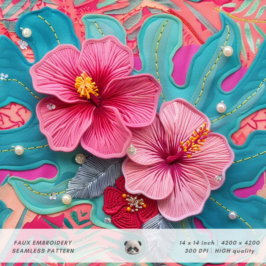 3d Hawaiian Hibiscus Seamless Pattern, Faux Embroidery Exotic