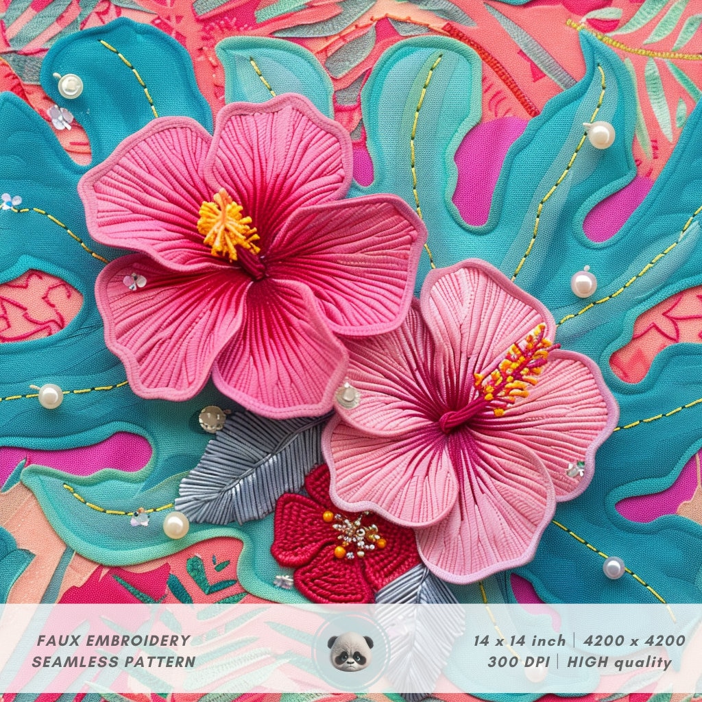 3d Hawaiian Hibiscus Seamless Pattern, Faux Embroidery Exotic