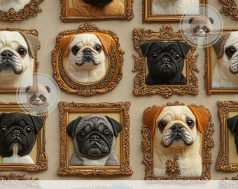 3d Pug Dog Portrait in Vintage Golden Frames Seamless Pattern, Gift for Dog Lovers, Whimsical Pet Junk Journal, Antique Style Digital Paper