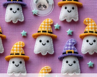 3d Kawaii Ghost Gingham Witch Hat Seamless Pattern, Cute Halloween Digital Paper, Spooky Kids Craft & Scrapbook, Fabric Print, Sublimation